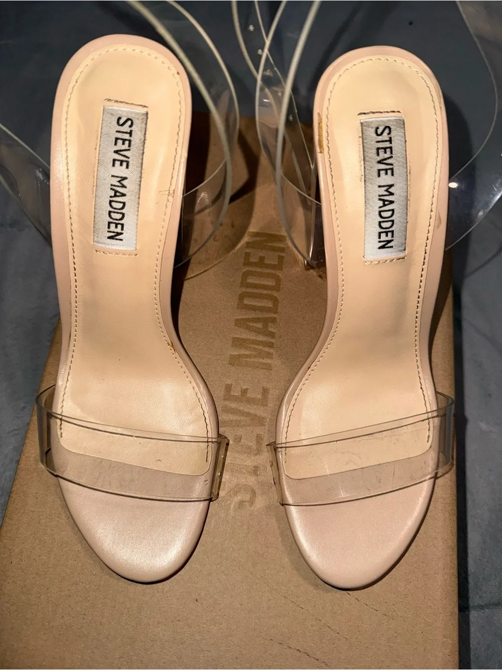 Steve Madden Nude and Clear Ankle-Strap Block Heels